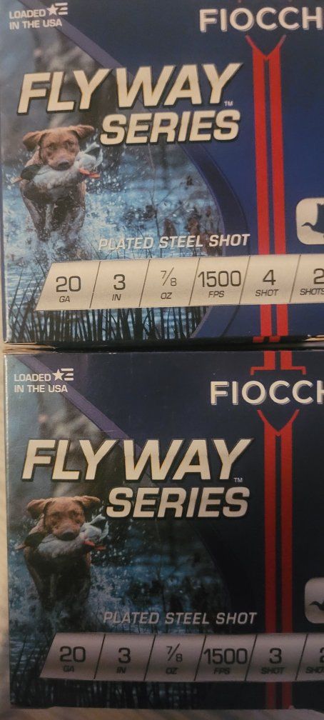 Fiocchi Flyway Series 20 GA 3" 7/8 oz Plated Steel Shot #3 & #4 Shot Shells. 20.00 per box. Thanks