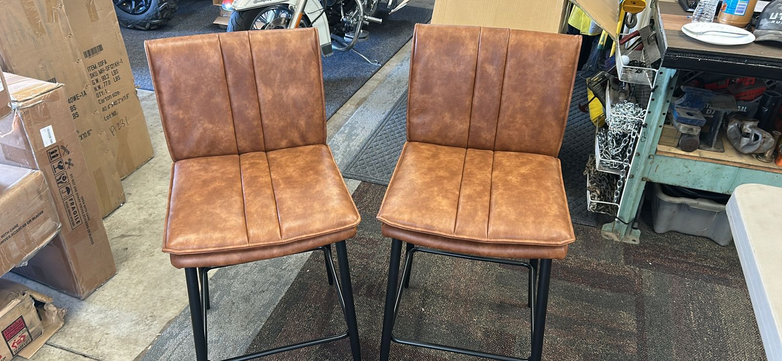 Set of 2 Modern Brown Faux Leather Counter Height Bar Stools with Black Metal Legs