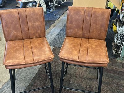 Set of 2 Modern Brown Faux Leather Counter Height Bar Stools with Black Metal Legs