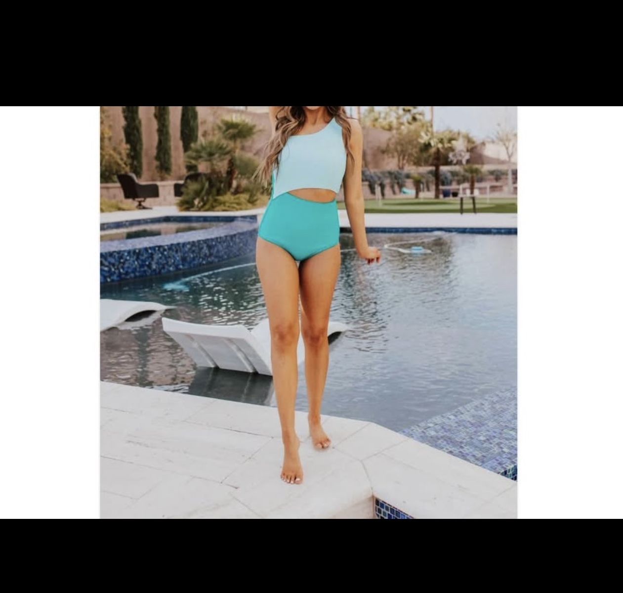 Blue and Teal One-Piece Swimsuit with Cutout