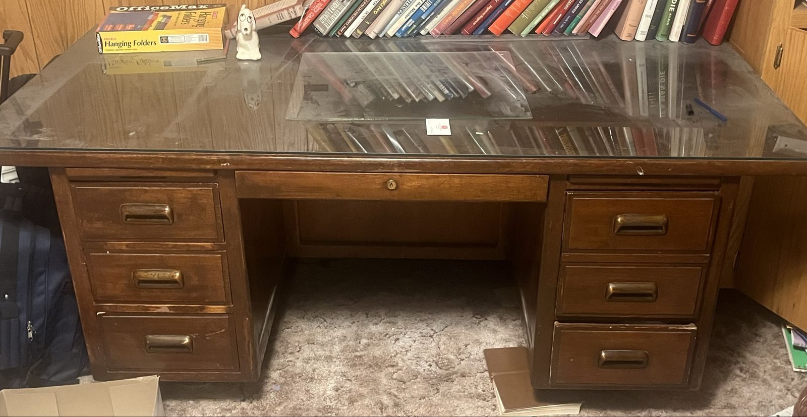 Vintage Wooden Executive Desk with Glass Top Cover and Storage Drawers