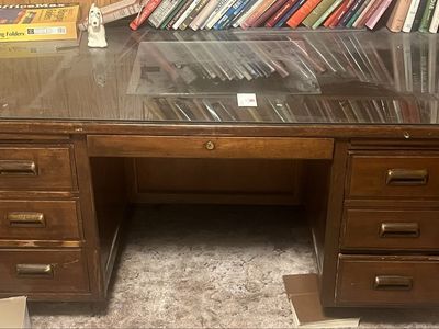 Vintage Wooden Executive Desk with Glass Top Cover and Storage Drawers