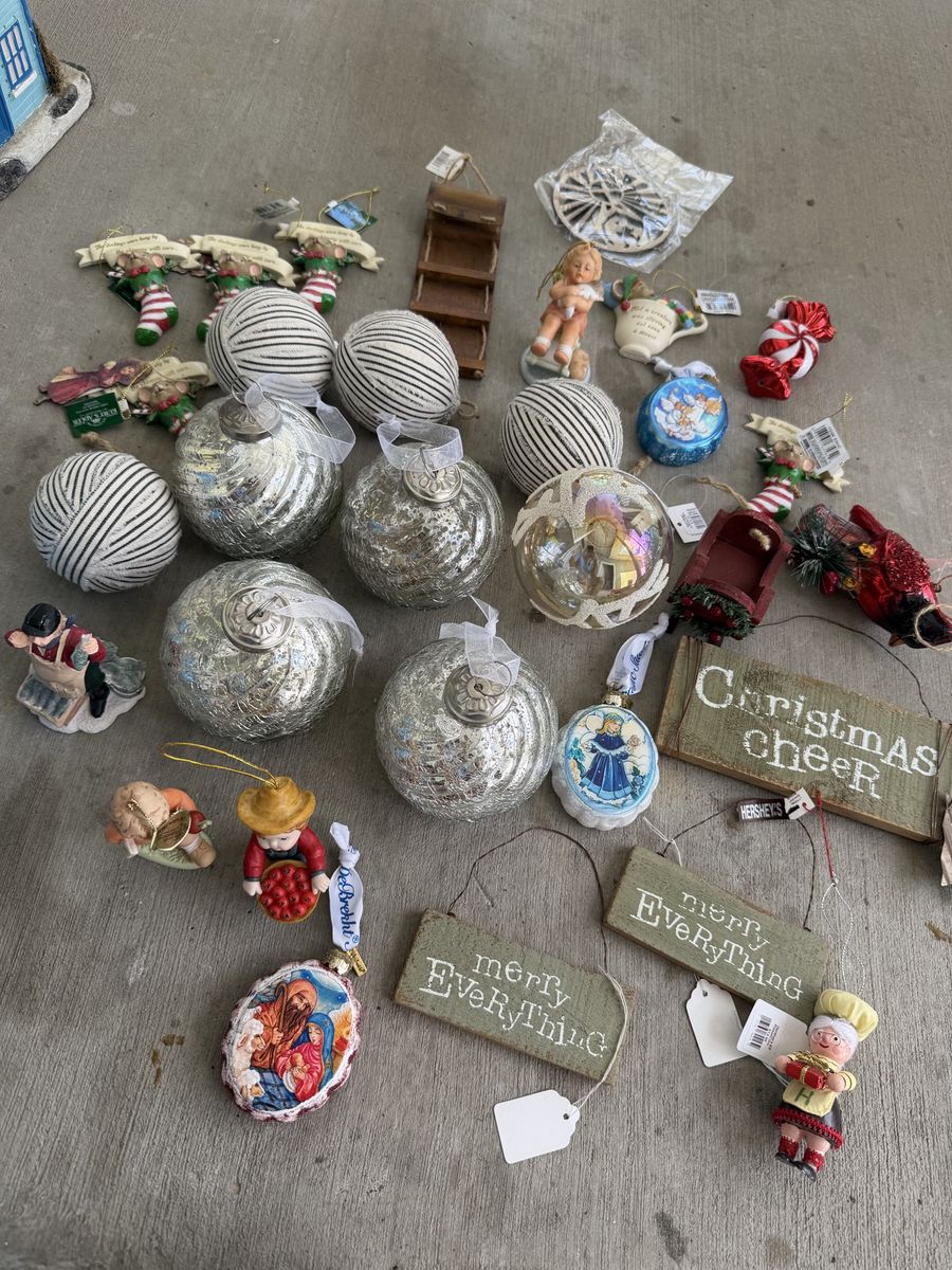 Assorted Christmas Ornaments Holiday Decor Lot - Rustic Signs, Glass Bulbs, Figures 32 pieces