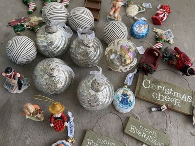 Assorted Christmas Ornaments Holiday Decor Lot - Rustic Signs, Glass Bulbs, Figures 32 pieces