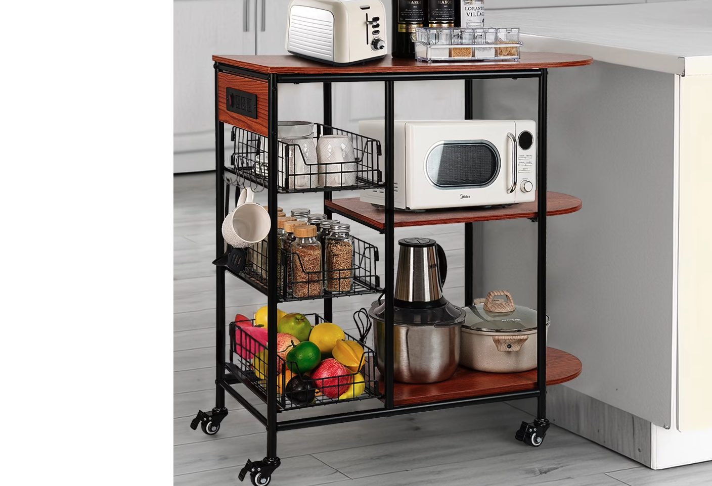New Bakers Rack with Power Outlet,Rolling Kitchen Island