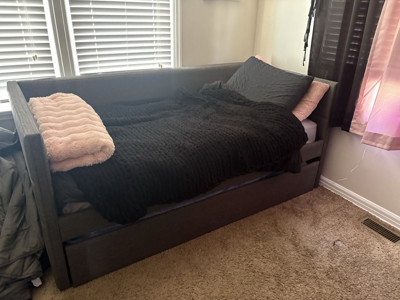 Upholstered Gray Daybed frame with Trundle + Both Twin Mattresses