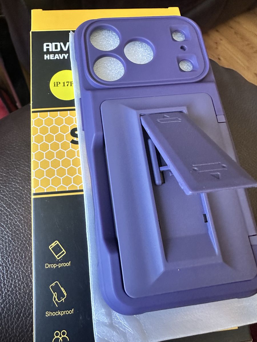 Adventurer Heavy Duty Phone Case for iPhone 17 Pro - Purple Kickstand Cover and credit card holder.