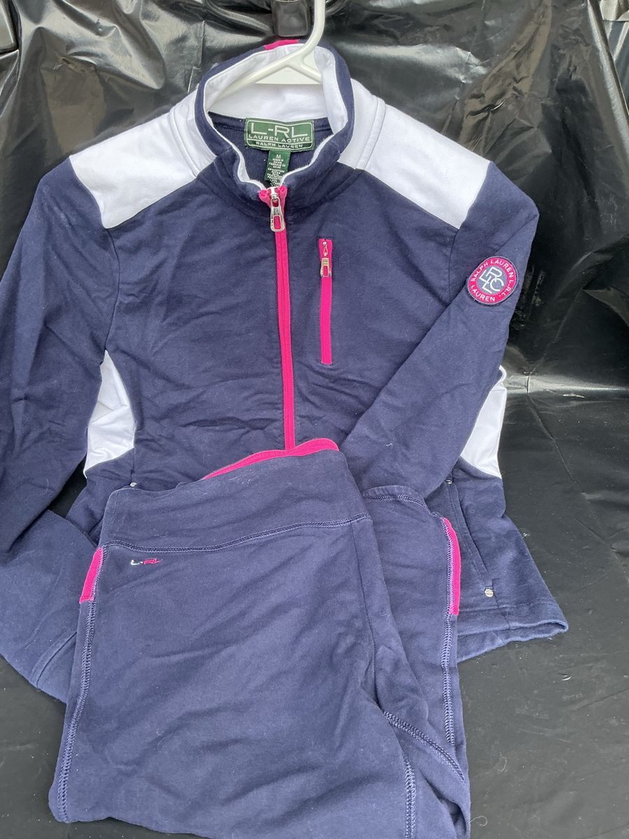 L-RL Lauren Active Tracksuit Set Navy Blue Pink Colorblock Jacket Pants Size M