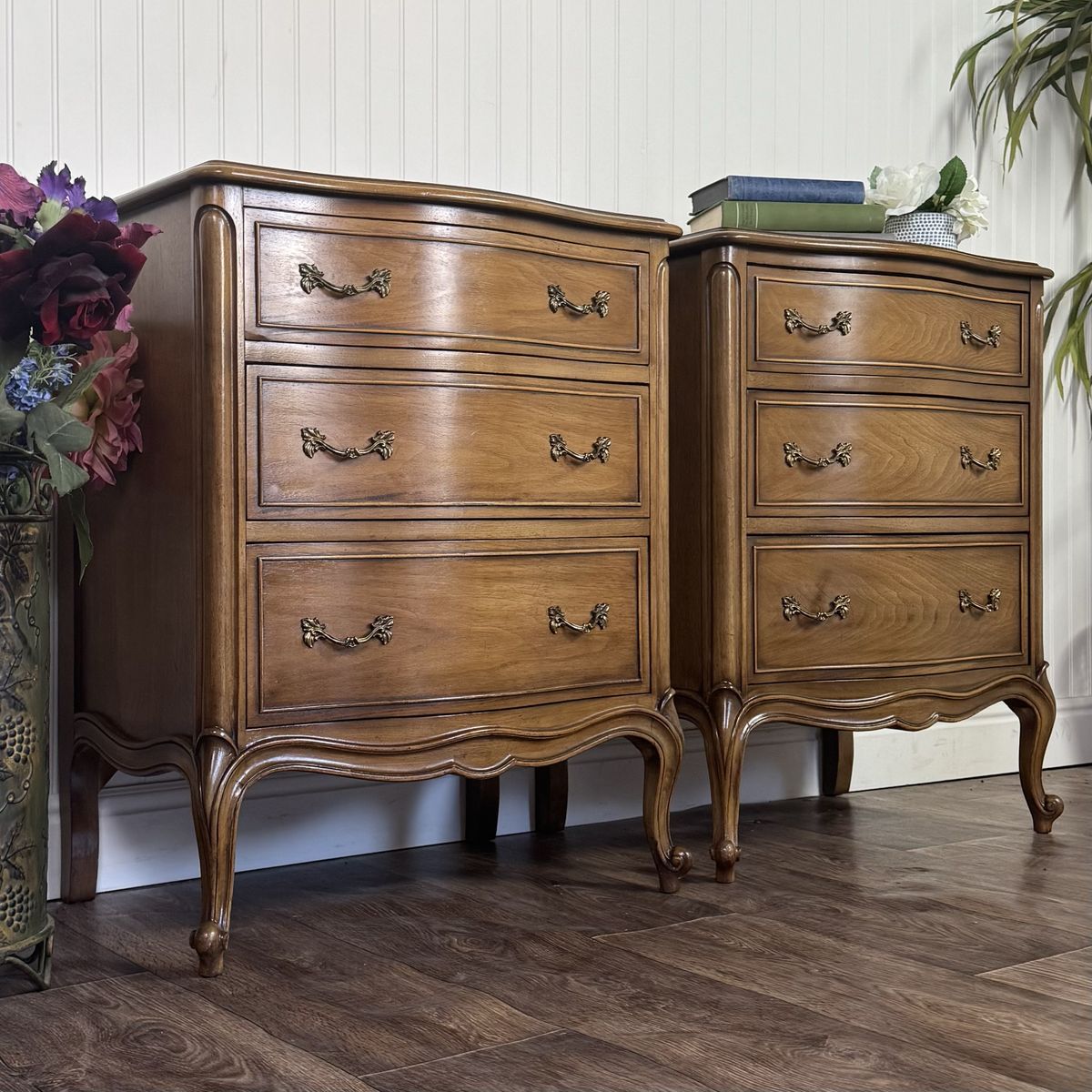 French Provincial Vintage Drexel Touraine 3-Drawer Serpentine Nightstands Pair