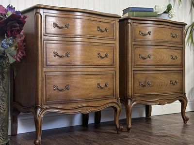 French Provincial Vintage Drexel Touraine 3-Drawer Serpentine Nightstands Pair