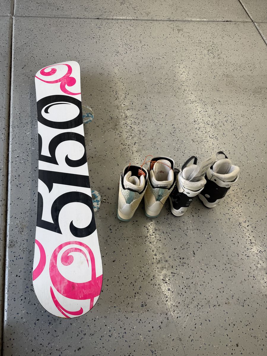 Snowboard, snowboard boots, ski boots Sold Together