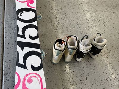 Snowboard, snowboard boots, ski boots Sold Together