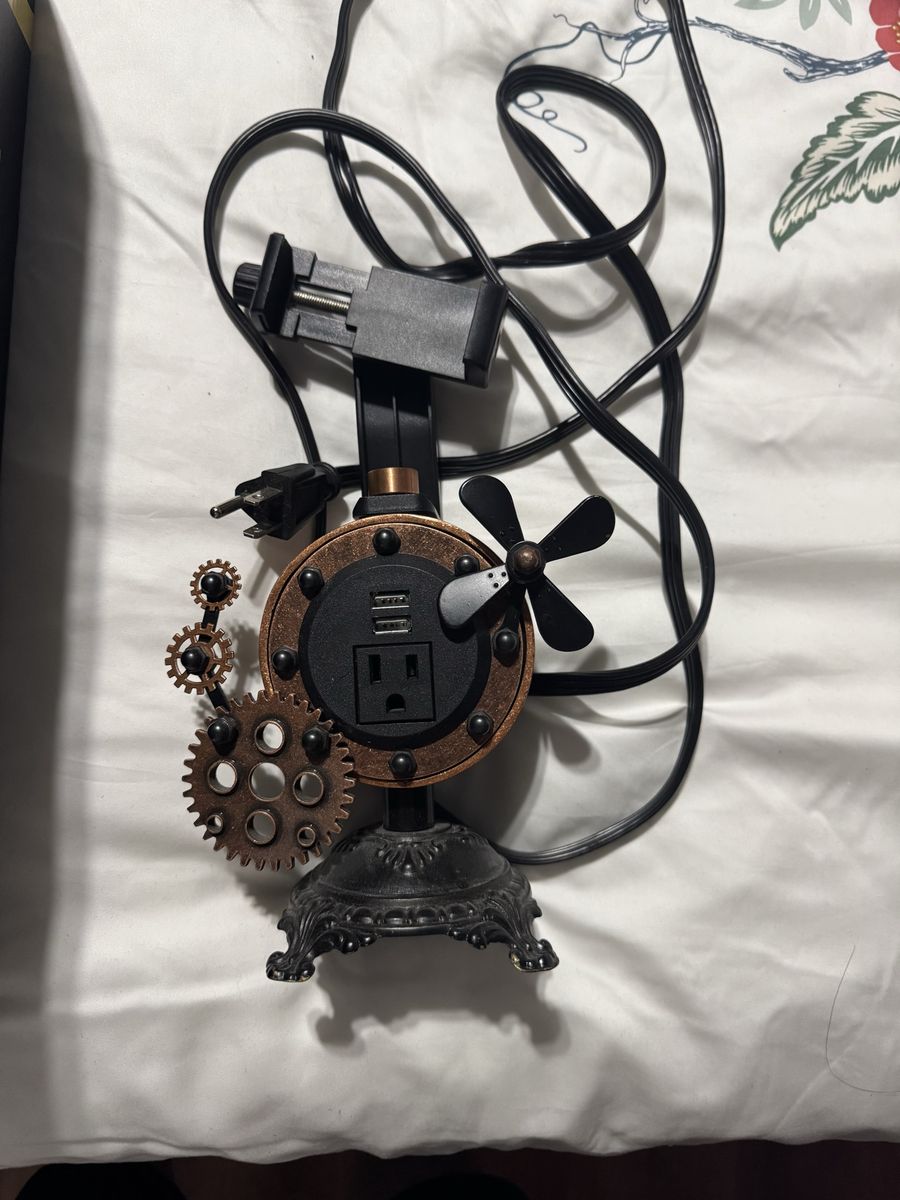 Cat metal housing Steampunk Desk charging station ,Phone Holder, USB & Outlet Charging Ports, Decorative Gears & Fan