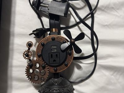 Cat metal housing Steampunk Desk charging station ,Phone Holder, USB & Outlet Charging Ports, Decorative Gears & Fan