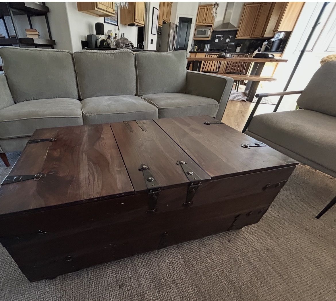 Rustic Modern Wooden Coffee Table Trunk with Storage, Wine Rack and Metal Hardware