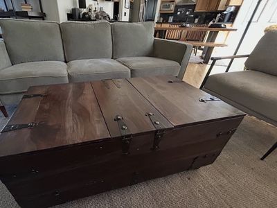 Rustic Modern Wooden Coffee Table Trunk with Storage, Wine Rack and Metal Hardware