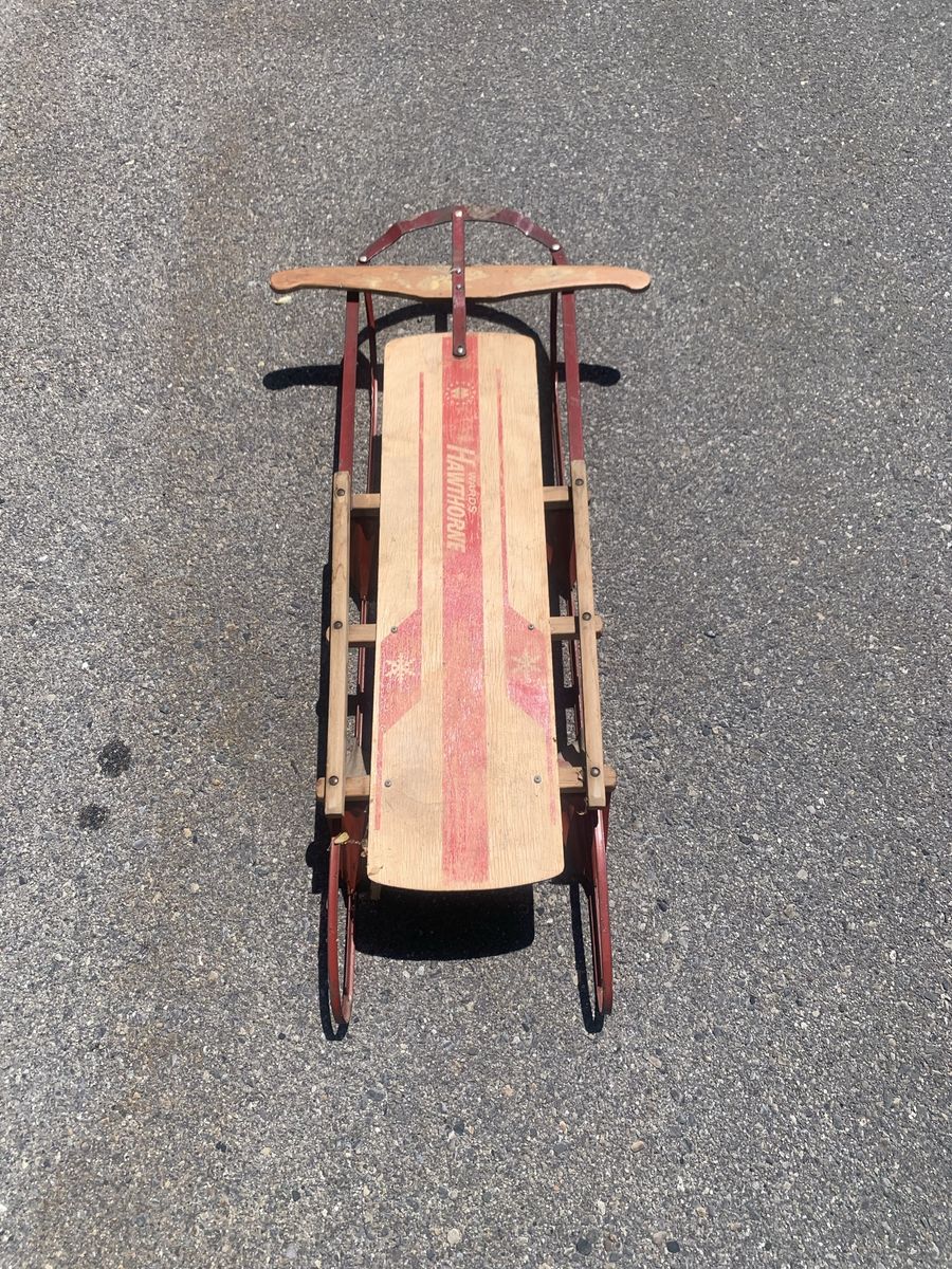 Vintage Montgomery Ward's Hawthorne Wooden Snow Sled. Made In USA