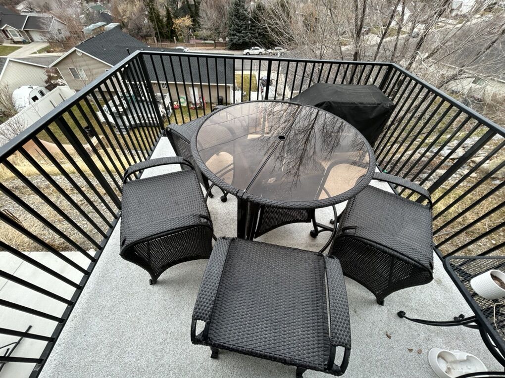 Patio Glass-top Bar-height Table & Wicker Stools
