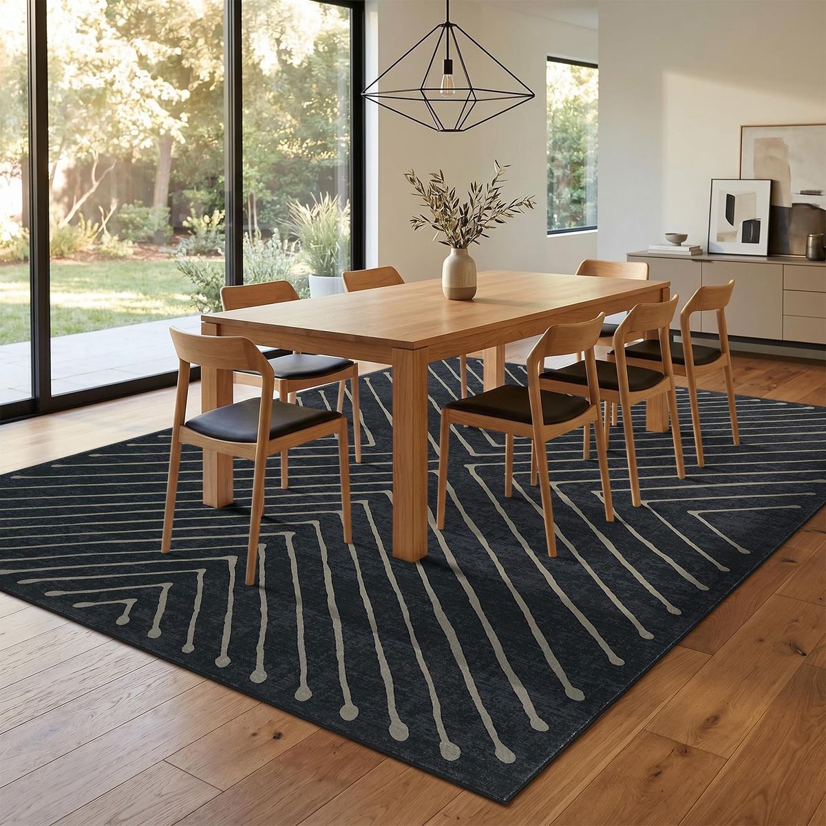 Modern Black and Beige Geometric Linear Area Rug