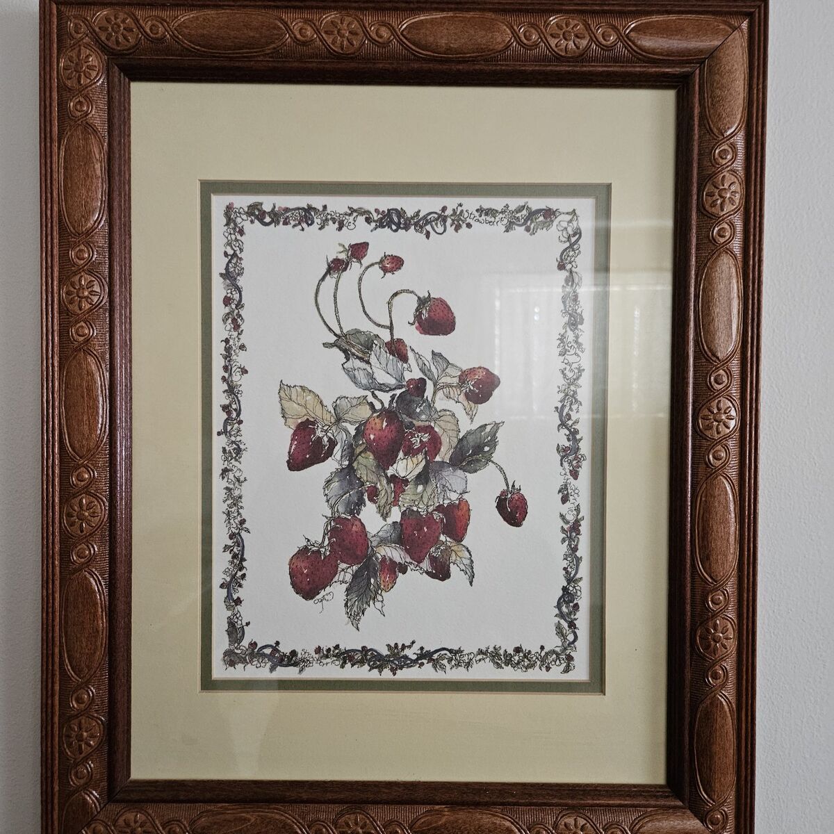 wood framed strawberry print with beautiful frame