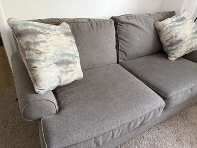 Haverty’s Gray Fabric Sofa with Accent Throw Pillows