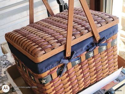Woven Picnic Basket with Wood Handles, Patriotic Star Ribbon, and Blue Fabric Liner