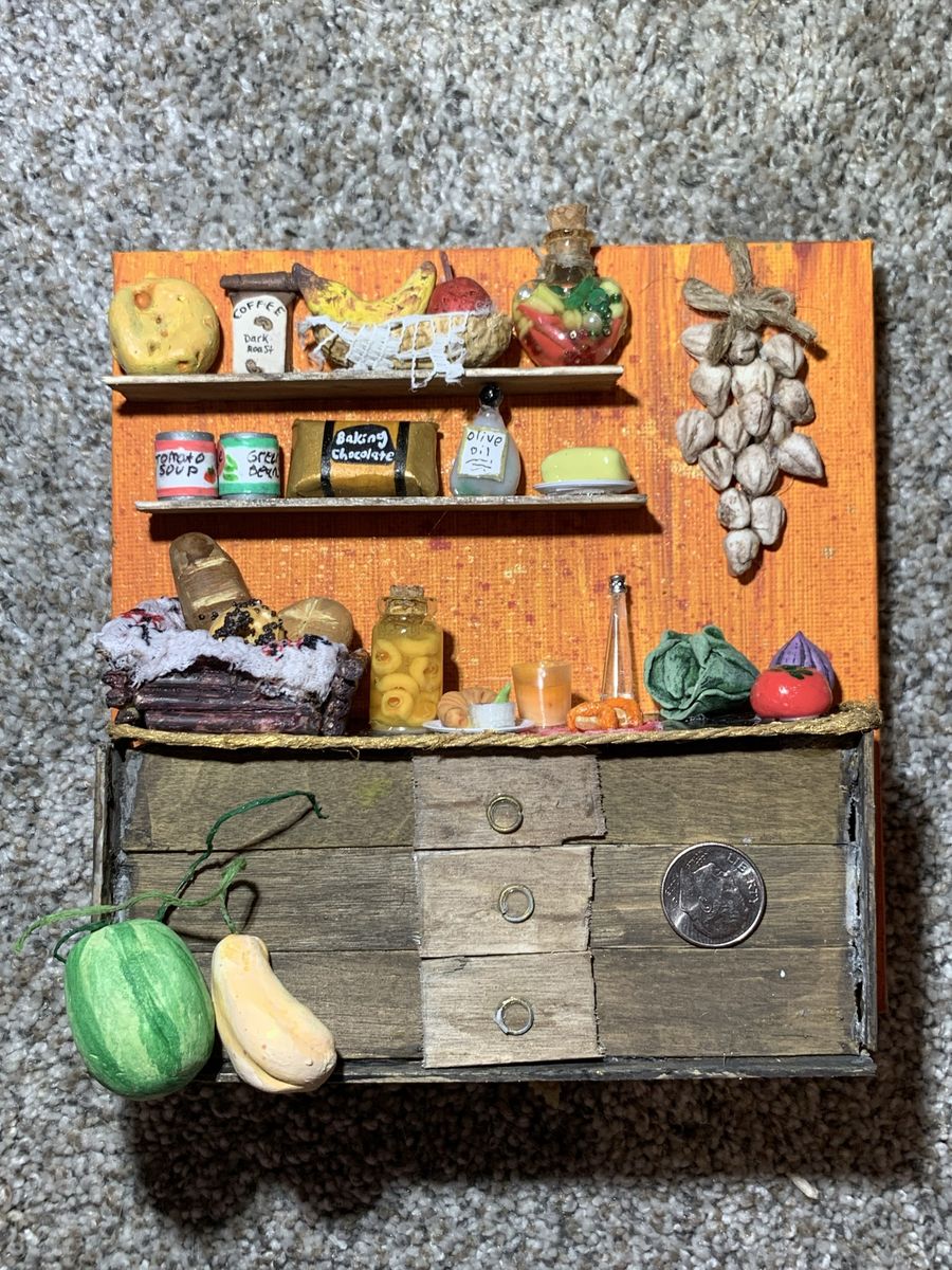 Handcrafted Miniature Kitchen Scene Wall Art - Unique 3D Mixed Media Decor
