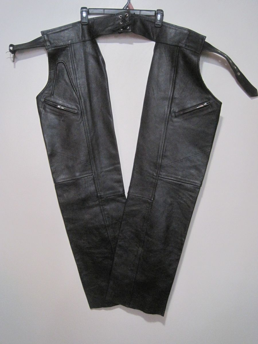 Xelement Genuine Black Leather Motorcycle Chaps Women 32 Lined Adjustable Belt
