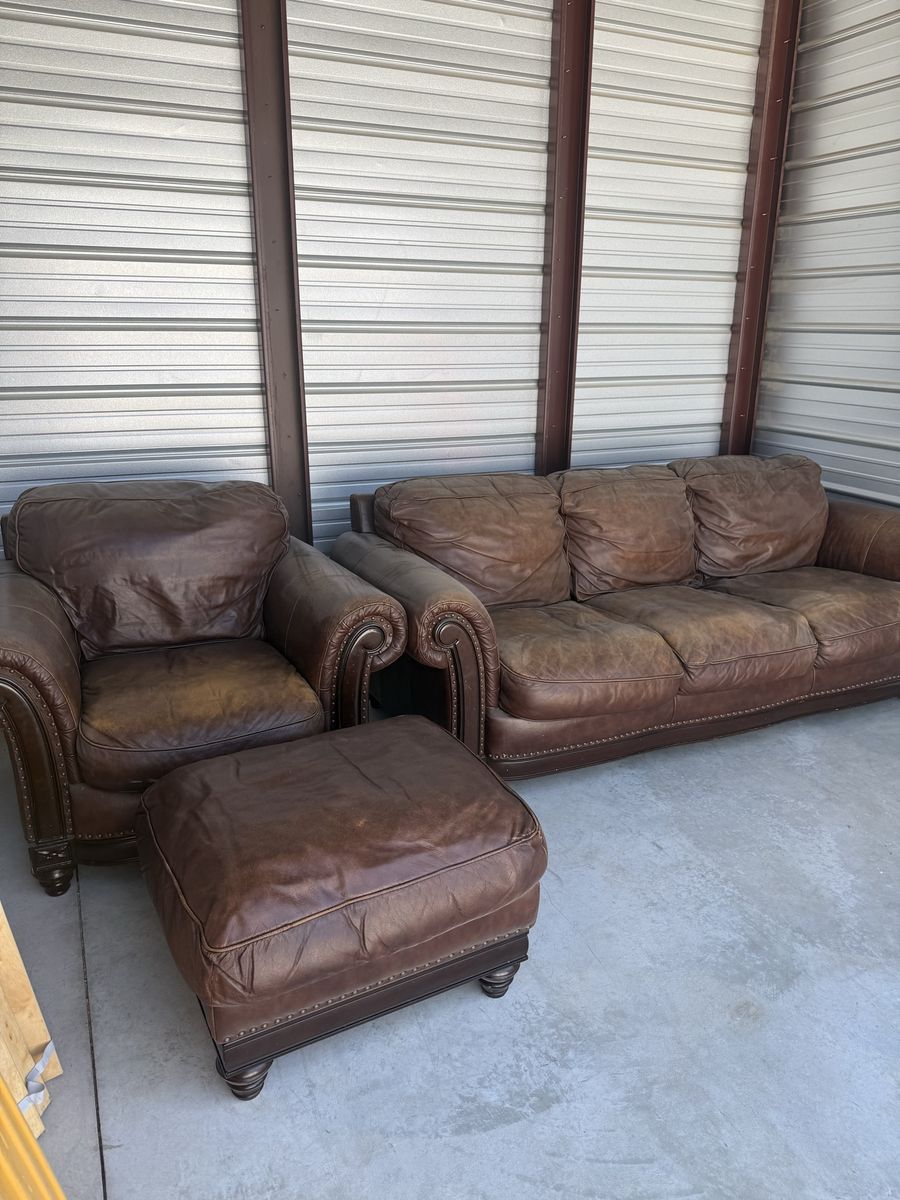Brown Leather Sofa, Armchair & Ottoman Set - Classic Nailhead Trim & Rolled Arms