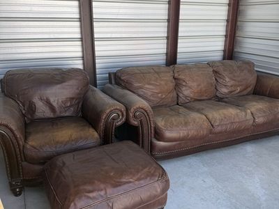Brown Leather Sofa, Armchair & Ottoman Set - Classic Nailhead Trim & Rolled Arms