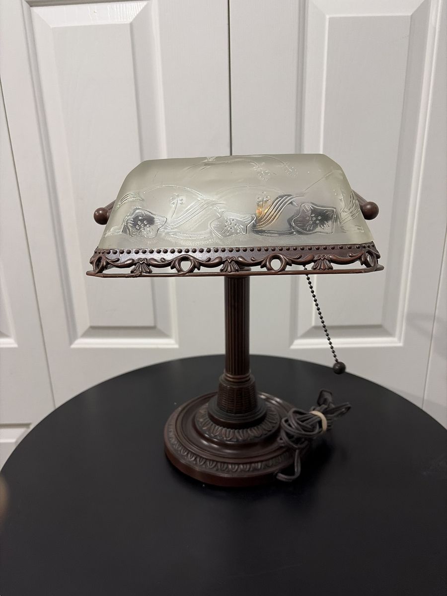 Vintage Banker Style Bronze Desk Lamp with Frosted Floral Glass Shade