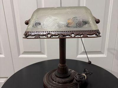 Vintage Banker Style Bronze Desk Lamp with Frosted Floral Glass Shade