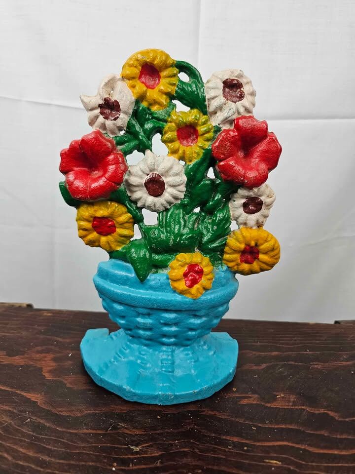 Vintage Cast Iron Flower Basket Doorstop – Hand-Painted – Heavy & Charming
