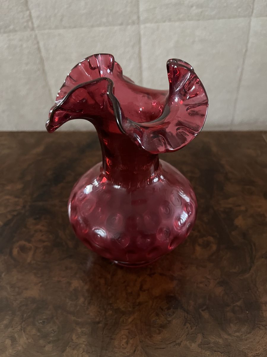 Ruffled and Twisted Glass Cranberry Colored Vase - Antique