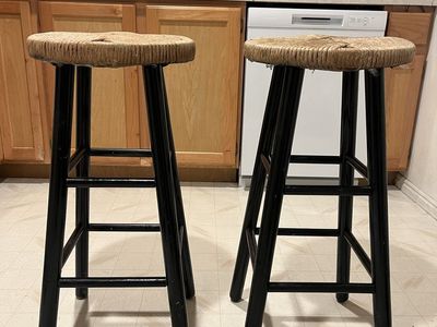 2 Black Wood Bar Stools with Woven Rattan/Straw Seats - Counter Height Seating