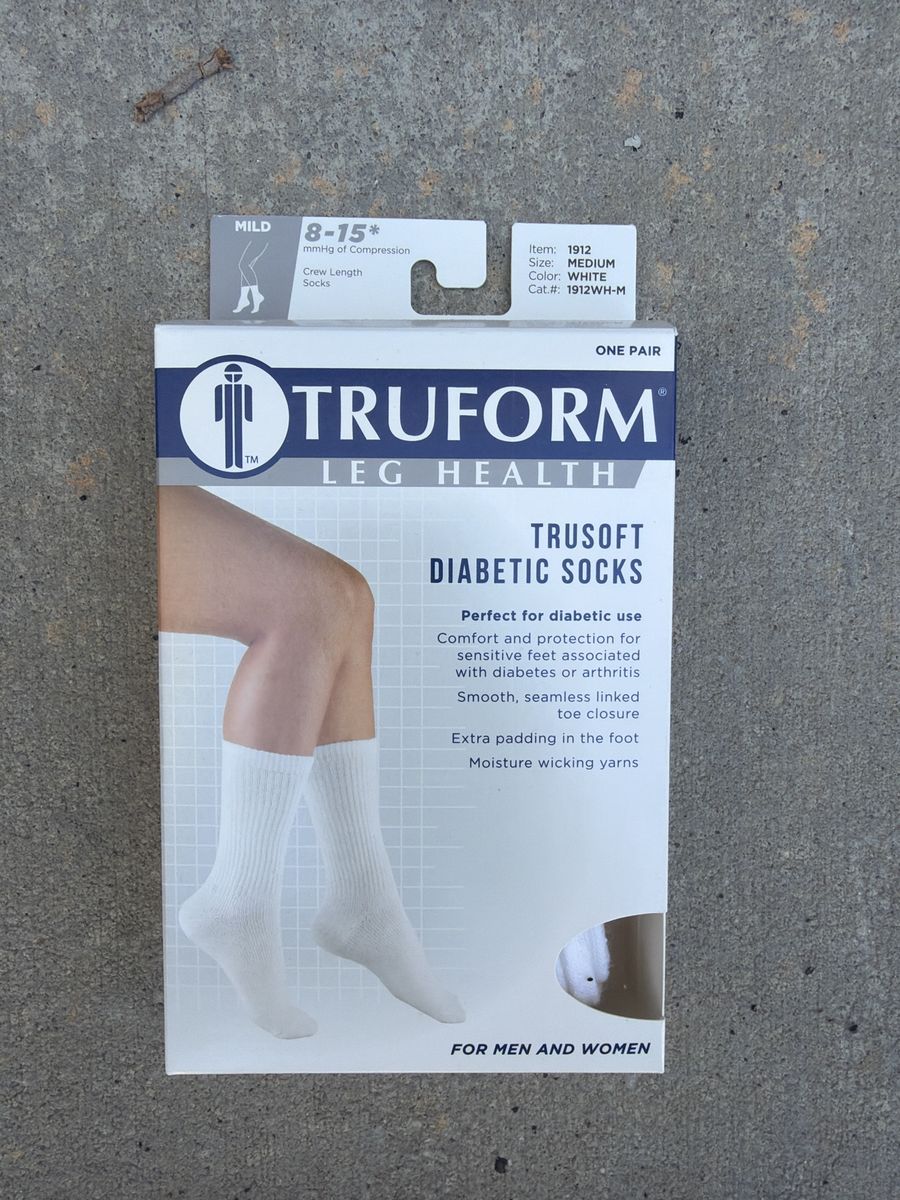 Truform Trusoft Diabetic Crew Socks White Medium 8-15 mmHg