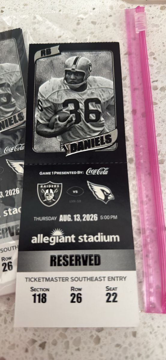Las Vegas Raiders vs. Arizona Cardinals Ticket Stub - Aug 13, 2026 - Allegiant Stadium Sec 118 Row 26