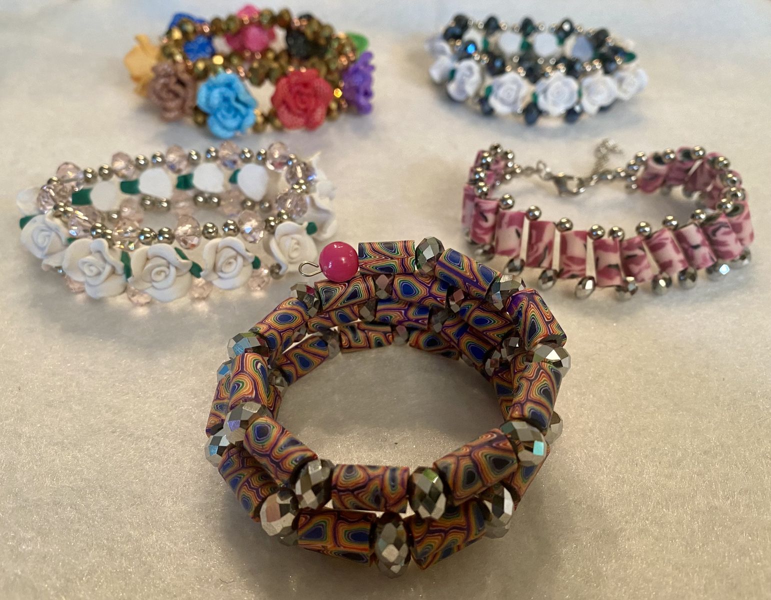 NEW!  Beautiful Stretchy Bracelets & Others - Pretty Bright Fimo Clay Roses w/ Faceted Beads - See Photos
