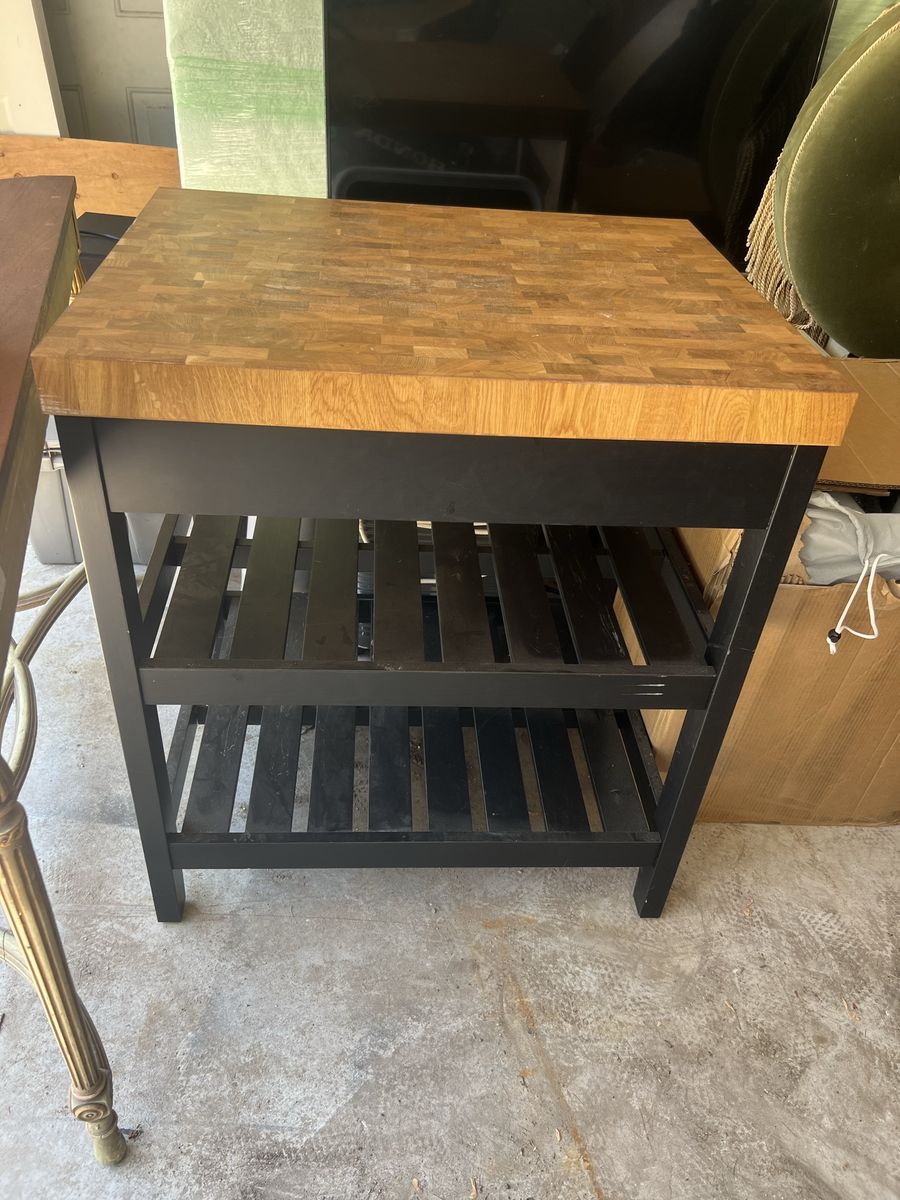 Butcher Block Kitchen Island with Black Frame and Slatted Shelves