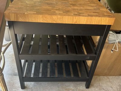 Butcher Block Kitchen Island with Black Frame and Slatted Shelves