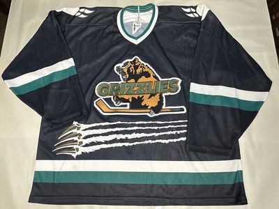 Vintage Bauer Grizzlies Hockey Jersey Mens Goalie Cut Made Canada Black Green