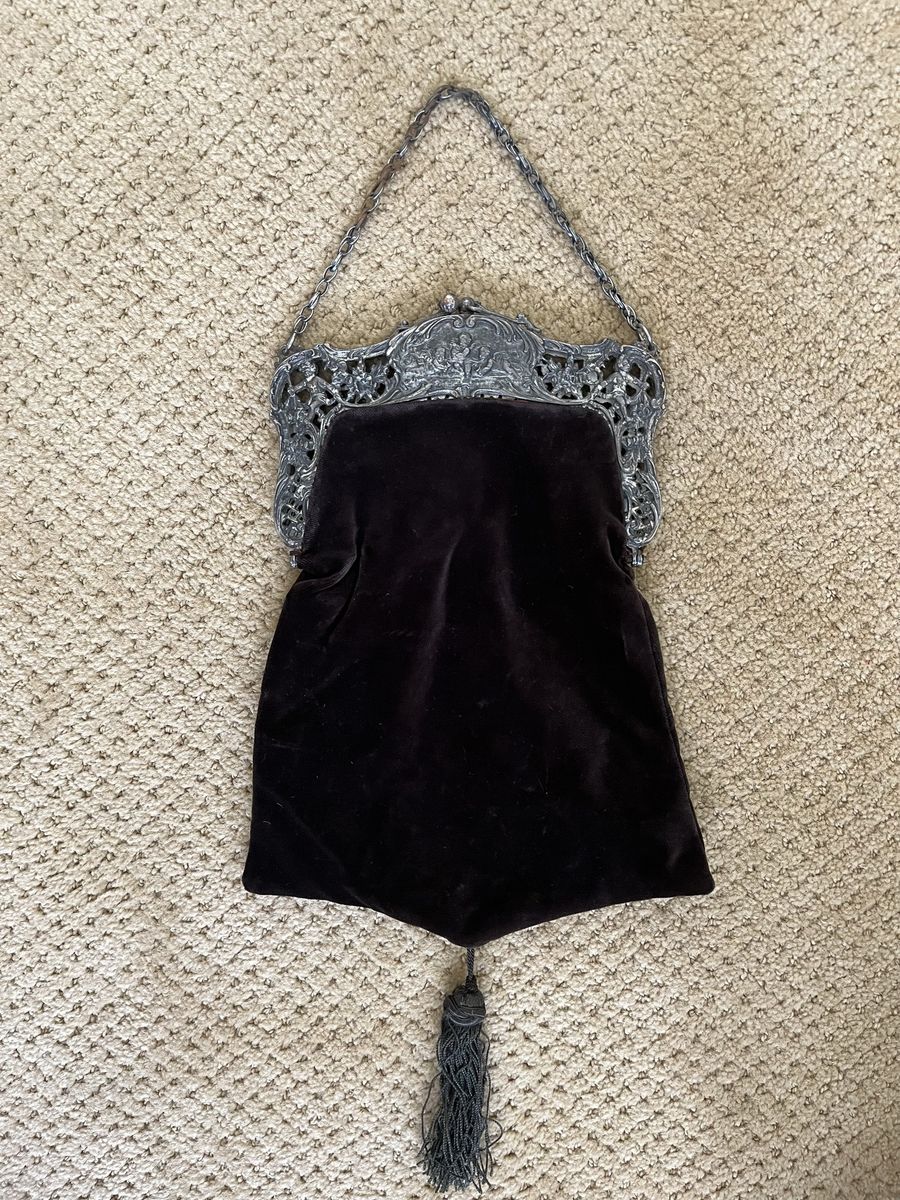 Large Ornate Antique Victorian Dark Brown Velvet Purse/Handbag with Cherubs