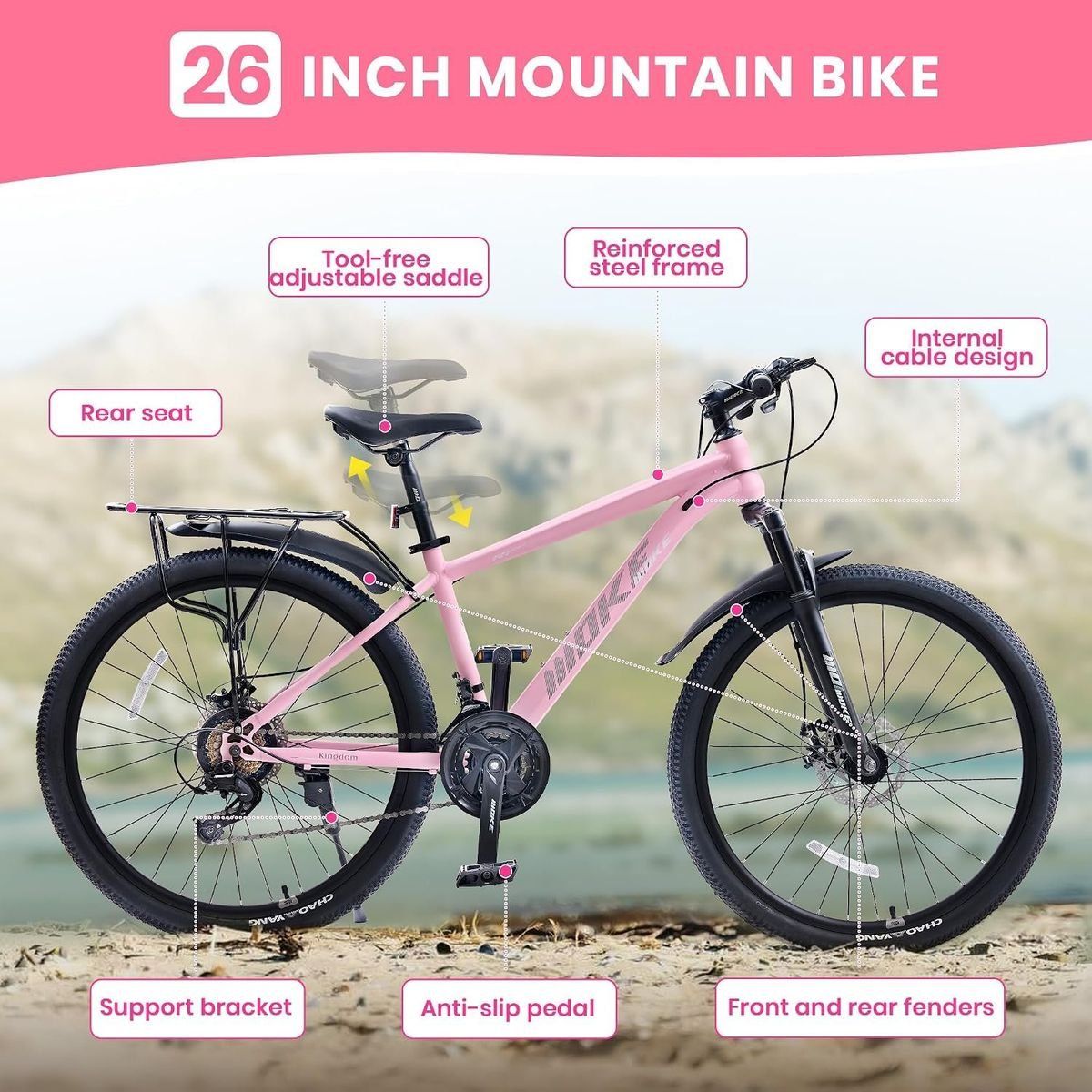 MIEBIE 26" Adult Mountain Bike, Pink, with Detachable Rear Rack & Dual Disc Brakes