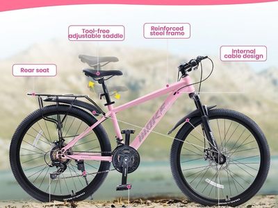 MIEBIE 26" Adult Mountain Bike, Pink, with Detachable Rear Rack & Dual Disc Brakes