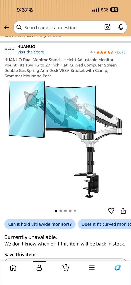 HUANUO Dual Monitor Stand - Height Adjustable Gas Spring Arm Desk Mount