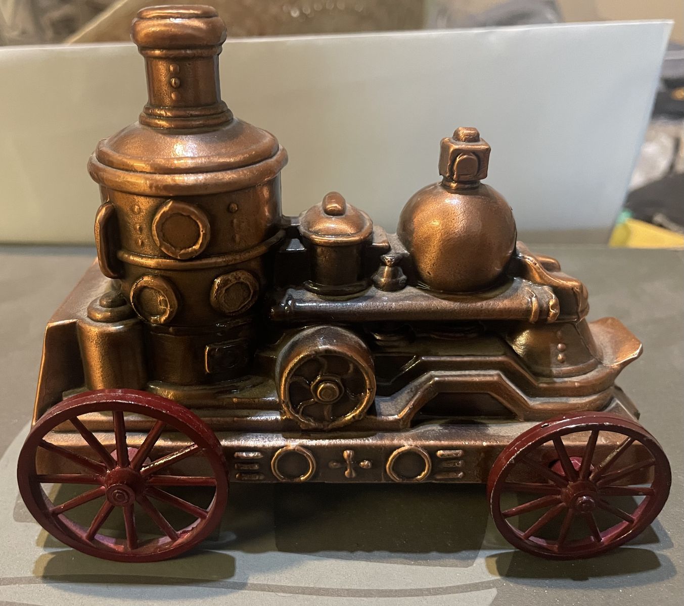 Vintage Metal Fire House Steam Engine Coin Bank