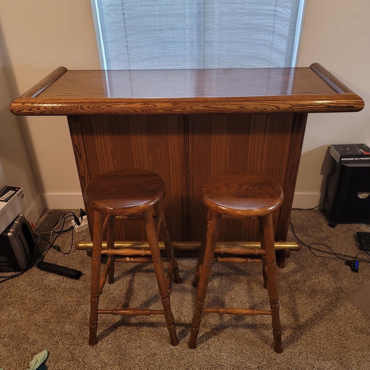 Vintage Solid Wood Home Bar with Foot Rail & Wine Rack - Includes Two Stools