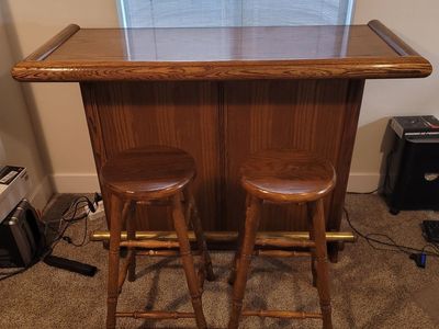 Vintage Solid Wood Home Bar with Foot Rail & Wine Rack - Includes Two Stools