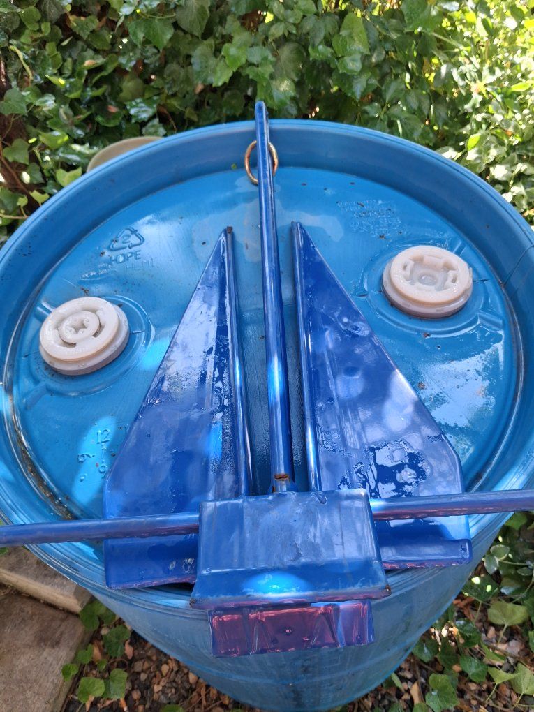 Used Blue Plastic Drum Barrel with Boat Anchor - Storage Container & Marine Gear