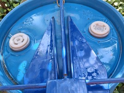 Used Blue Plastic Drum Barrel with Boat Anchor - Storage Container & Marine Gear